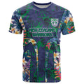 New Zealand Warriors T Shirt Tropical Polynesian Floral Pattern With Green And Blue Accents