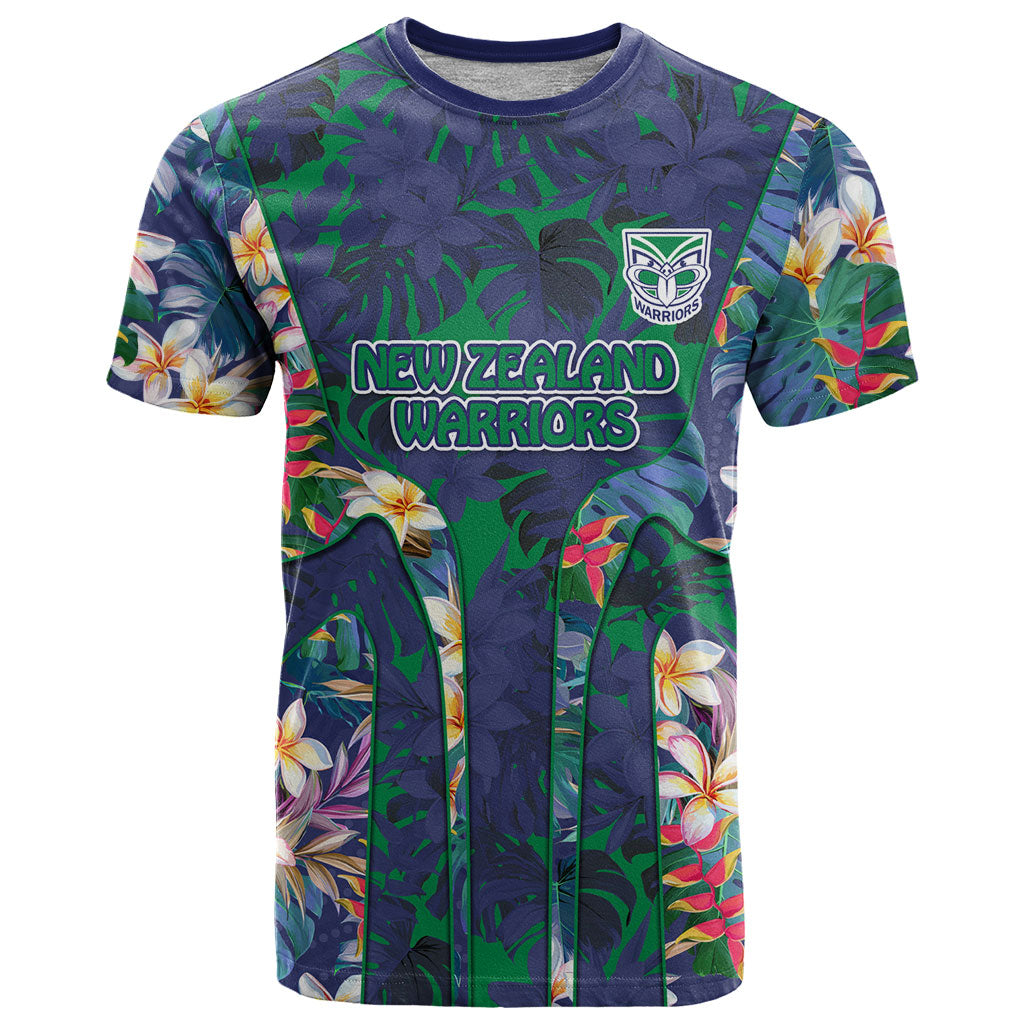 New Zealand Warriors T Shirt Tropical Polynesian Floral Pattern With Green And Blue Accents