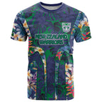 New Zealand Warriors T Shirt Tropical Polynesian Floral Pattern With Green And Blue Accents