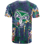 New Zealand Warriors T Shirt Tropical Polynesian Floral Pattern With Green And Blue Accents