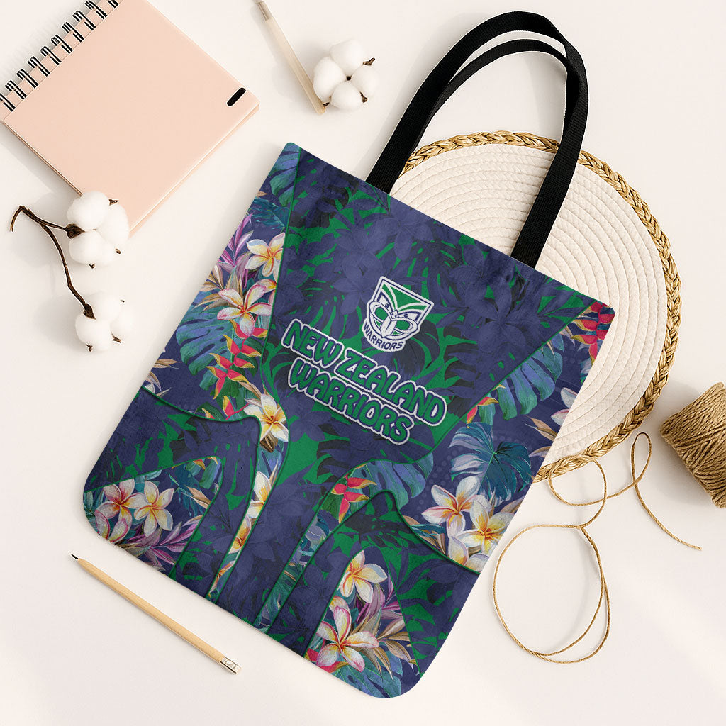 New Zealand Warriors Tote Bag Tropical Polynesian Floral Pattern With Green And Blue Accents