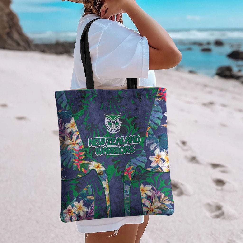 New Zealand Warriors Tote Bag Tropical Polynesian Floral Pattern With Green And Blue Accents
