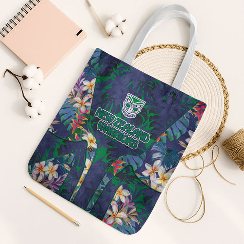 New Zealand Warriors Tote Bag Tropical Polynesian Floral Pattern With Green And Blue Accents