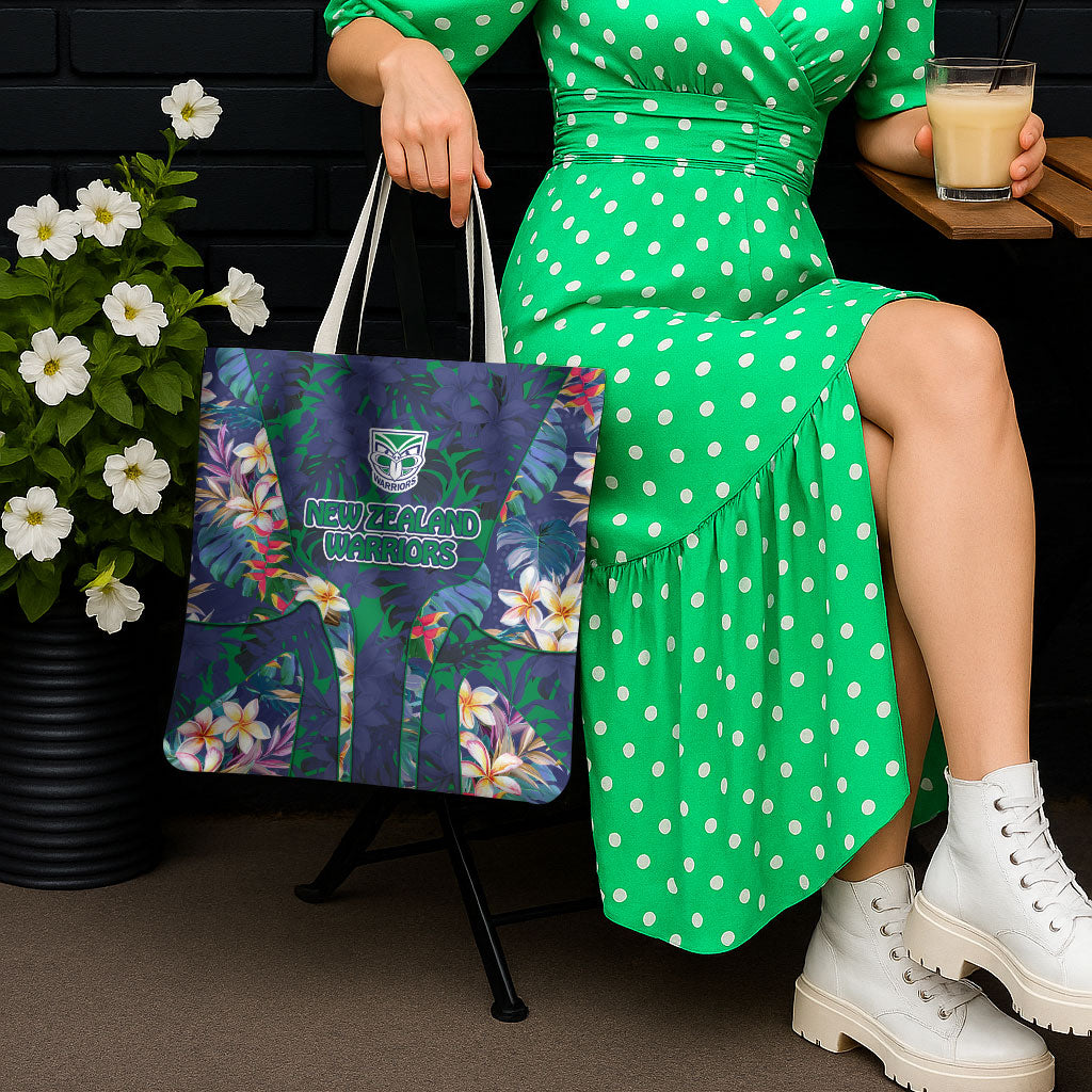 New Zealand Warriors Tote Bag Tropical Polynesian Floral Pattern With Green And Blue Accents