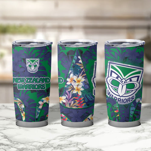 New Zealand Warriors Tumbler Cup Tropical Polynesian Floral Pattern With Green And Blue Accents