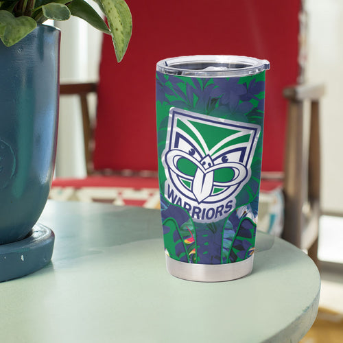 New Zealand Warriors Tumbler Cup Tropical Polynesian Floral Pattern With Green And Blue Accents