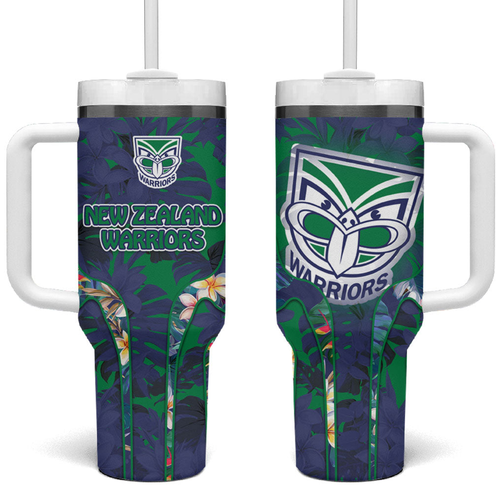 New Zealand Warriors Tumbler With Handle Tropical Polynesian Floral Pattern With Green And Blue Accents