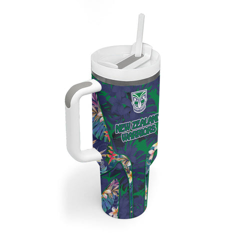 New Zealand Warriors Tumbler With Handle Tropical Polynesian Floral Pattern With Green And Blue Accents