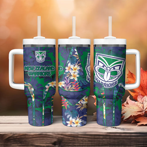 New Zealand Warriors Tumbler With Handle Tropical Polynesian Floral Pattern With Green And Blue Accents