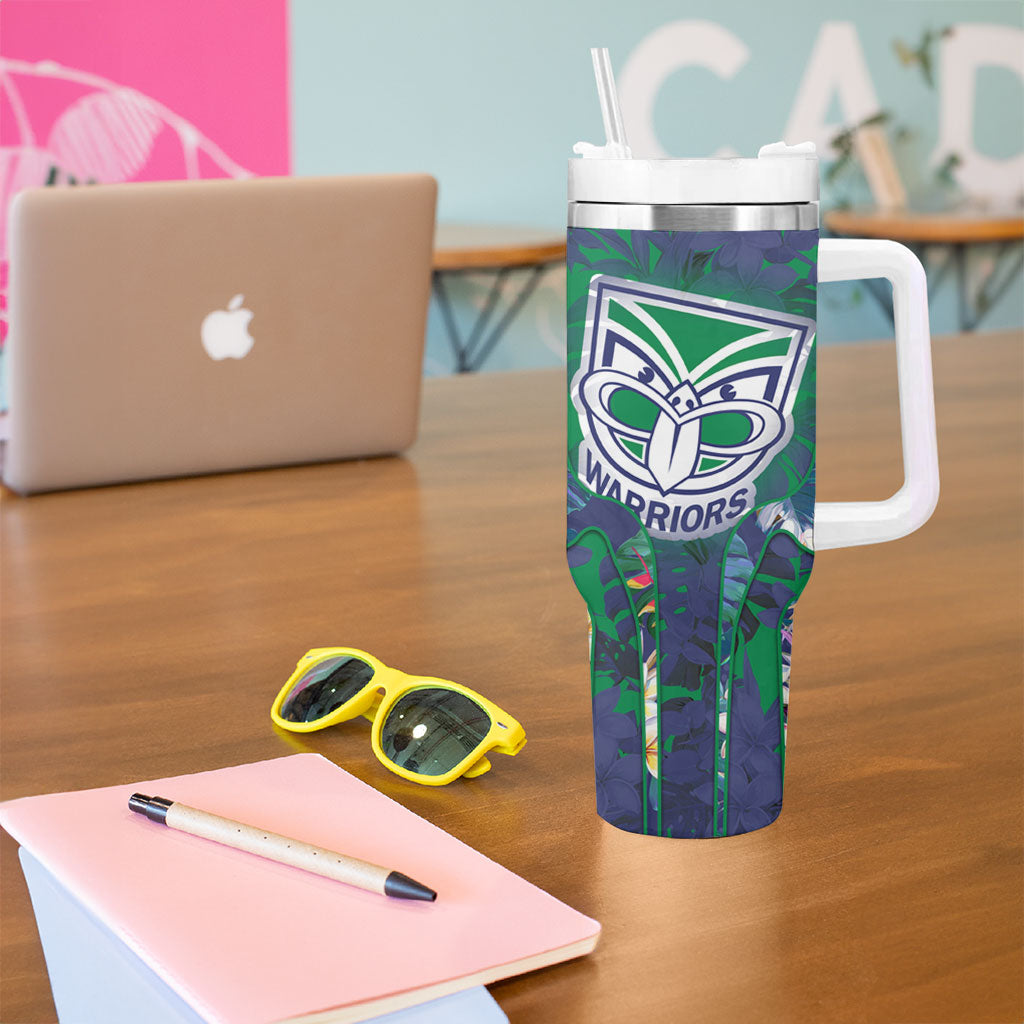 New Zealand Warriors Tumbler With Handle Tropical Polynesian Floral Pattern With Green And Blue Accents