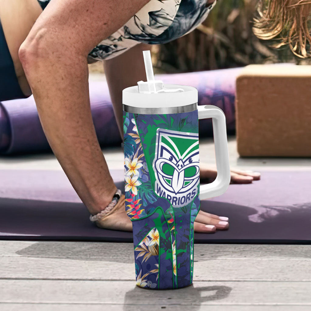 New Zealand Warriors Tumbler With Handle Tropical Polynesian Floral Pattern With Green And Blue Accents