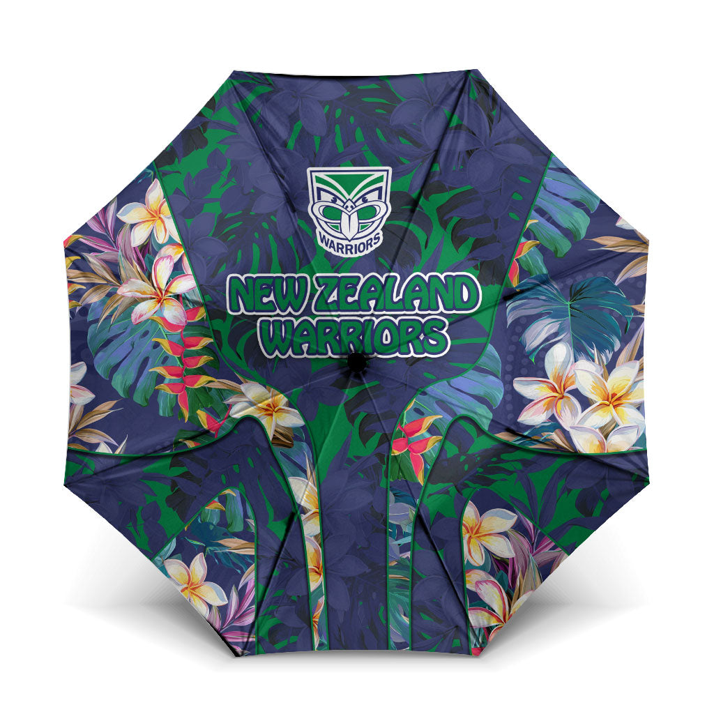 New Zealand Warriors Umbrella Tropical Polynesian Floral Pattern With Green And Blue Accents