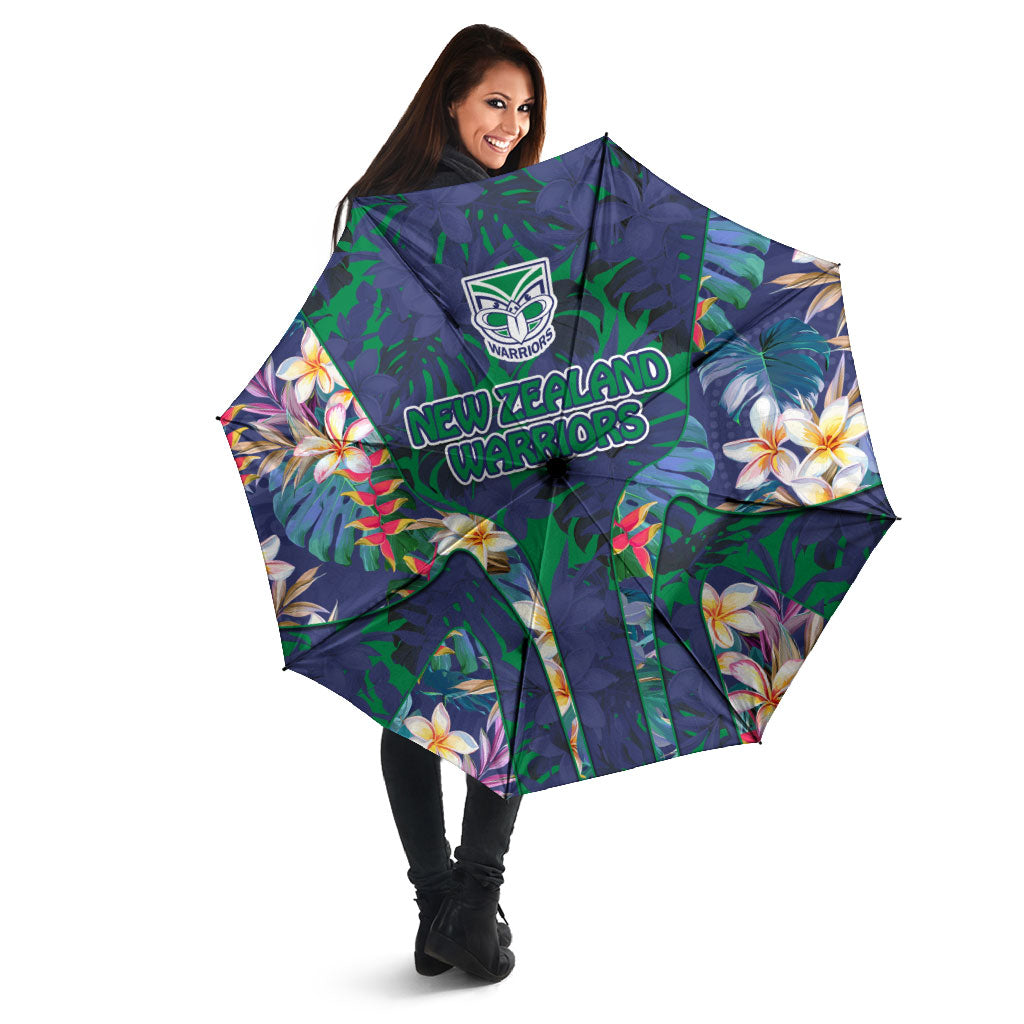 New Zealand Warriors Umbrella Tropical Polynesian Floral Pattern With Green And Blue Accents
