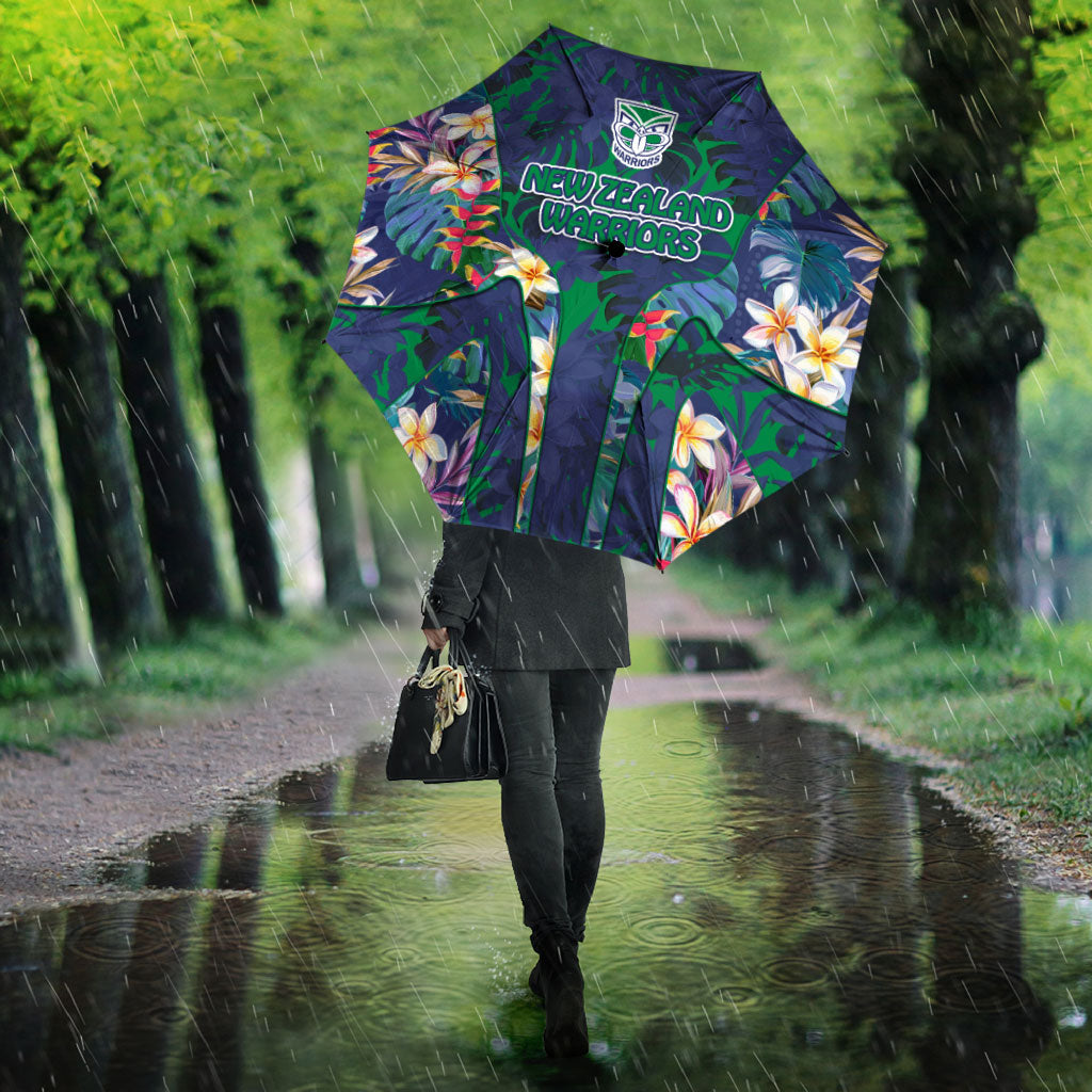 New Zealand Warriors Umbrella Tropical Polynesian Floral Pattern With Green And Blue Accents