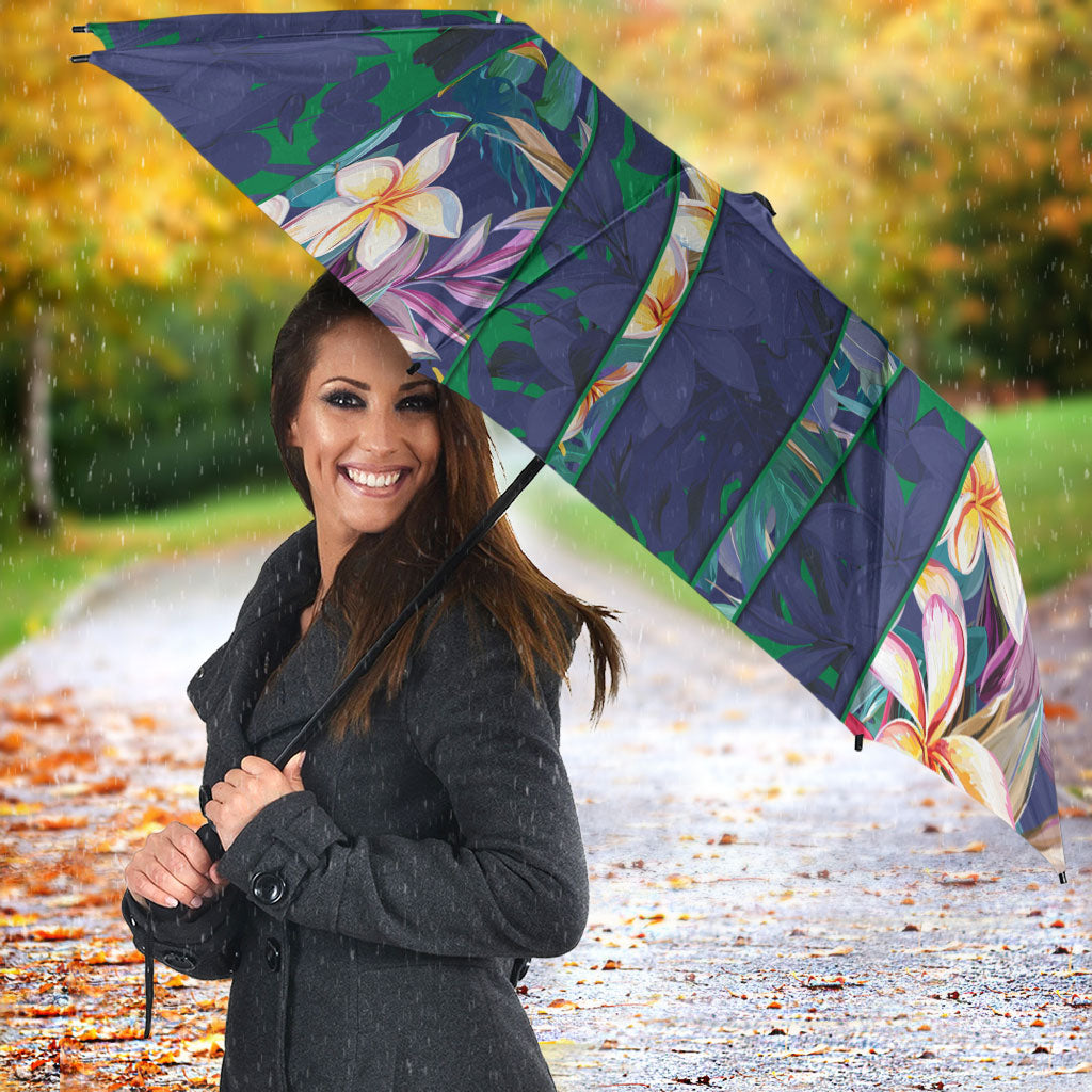 New Zealand Warriors Umbrella Tropical Polynesian Floral Pattern With Green And Blue Accents