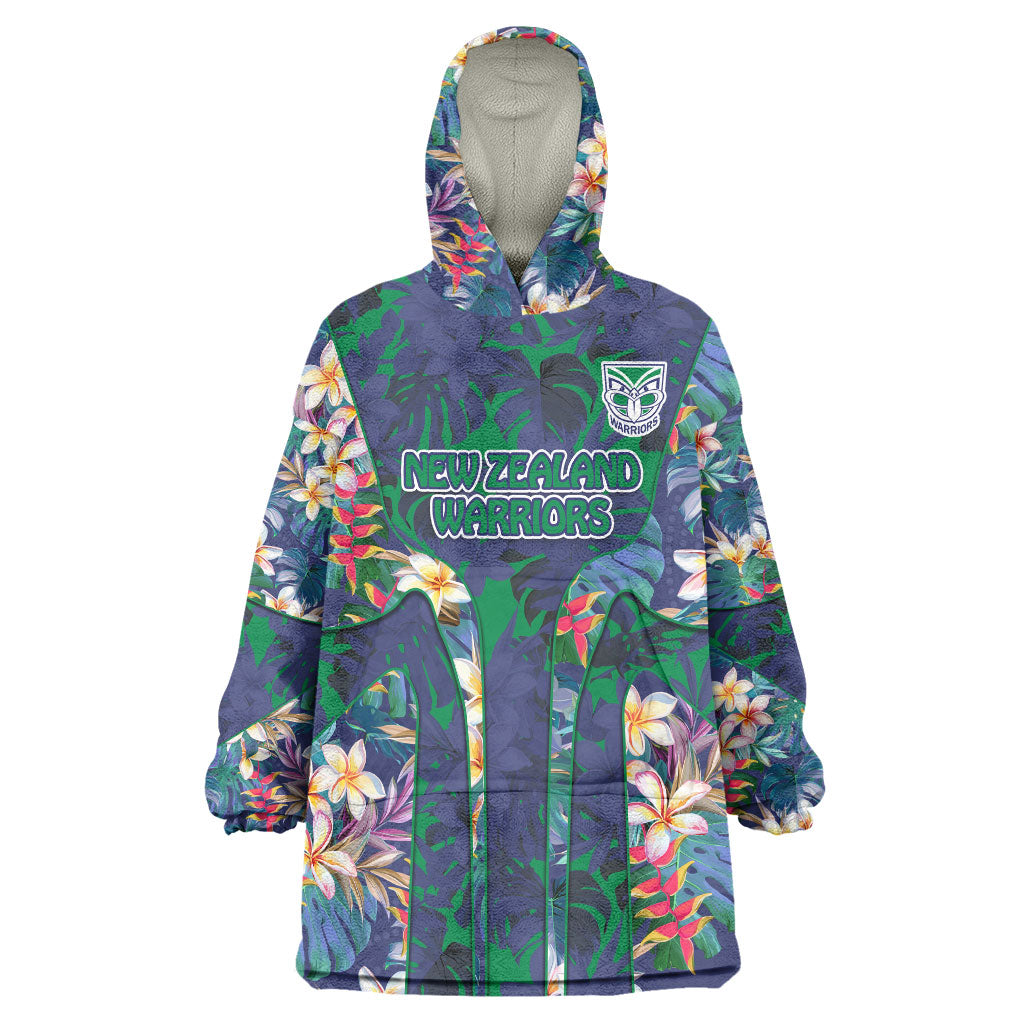 New Zealand Warriors Wearable Blanket Hoodie Tropical Polynesian Floral Pattern With Green And Blue Accents