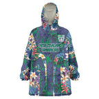 New Zealand Warriors Wearable Blanket Hoodie Tropical Polynesian Floral Pattern With Green And Blue Accents