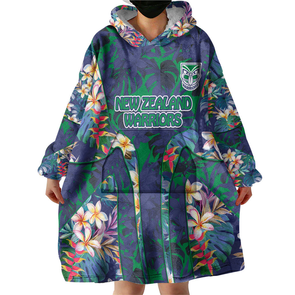 New Zealand Warriors Wearable Blanket Hoodie Tropical Polynesian Floral Pattern With Green And Blue Accents
