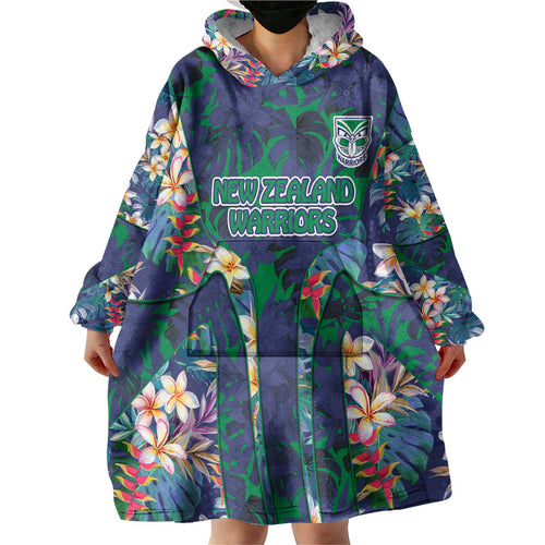 New Zealand Warriors Wearable Blanket Hoodie Tropical Polynesian Floral Pattern With Green And Blue Accents