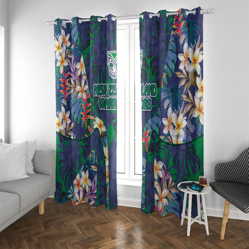 New Zealand Warriors Window Curtain Tropical Polynesian Floral Pattern With Green And Blue Accents