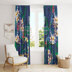 New Zealand Warriors Window Curtain Tropical Polynesian Floral Pattern With Green And Blue Accents