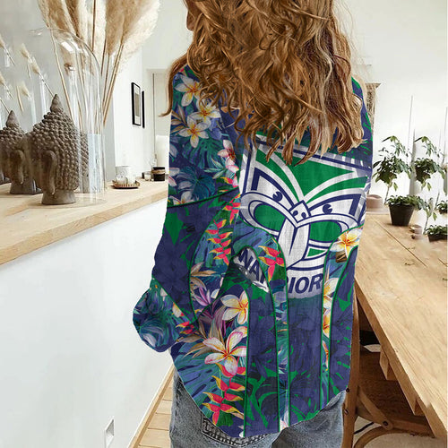 New Zealand Warriors Women Casual Shirt Tropical Polynesian Floral Pattern With Green And Blue Accents