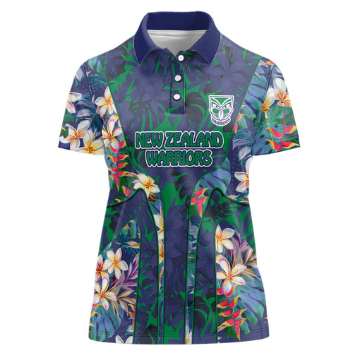 New Zealand Warriors Women Polo Shirt Tropical Polynesian Floral Pattern With Green And Blue Accents