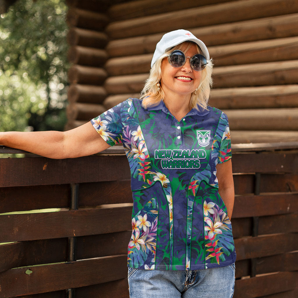 New Zealand Warriors Women Polo Shirt Tropical Polynesian Floral Pattern With Green And Blue Accents