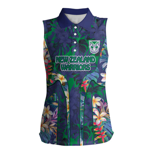 New Zealand Warriors Women Sleeveless Polo Shirt Tropical Polynesian Floral Pattern With Green And Blue Accents