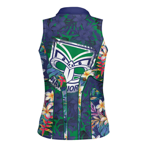 New Zealand Warriors Women Sleeveless Polo Shirt Tropical Polynesian Floral Pattern With Green And Blue Accents