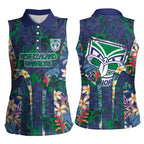 New Zealand Warriors Women Sleeveless Polo Shirt Tropical Polynesian Floral Pattern With Green And Blue Accents