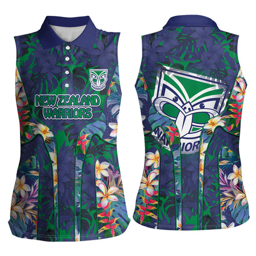 New Zealand Warriors Women Sleeveless Polo Shirt Tropical Polynesian Floral Pattern With Green And Blue Accents