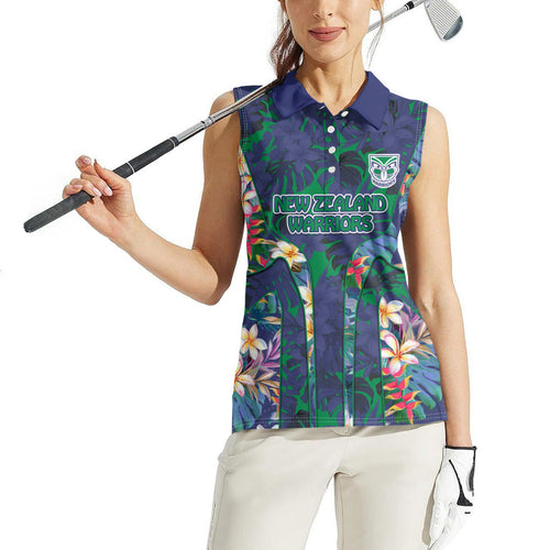 New Zealand Warriors Women Sleeveless Polo Shirt Tropical Polynesian Floral Pattern With Green And Blue Accents