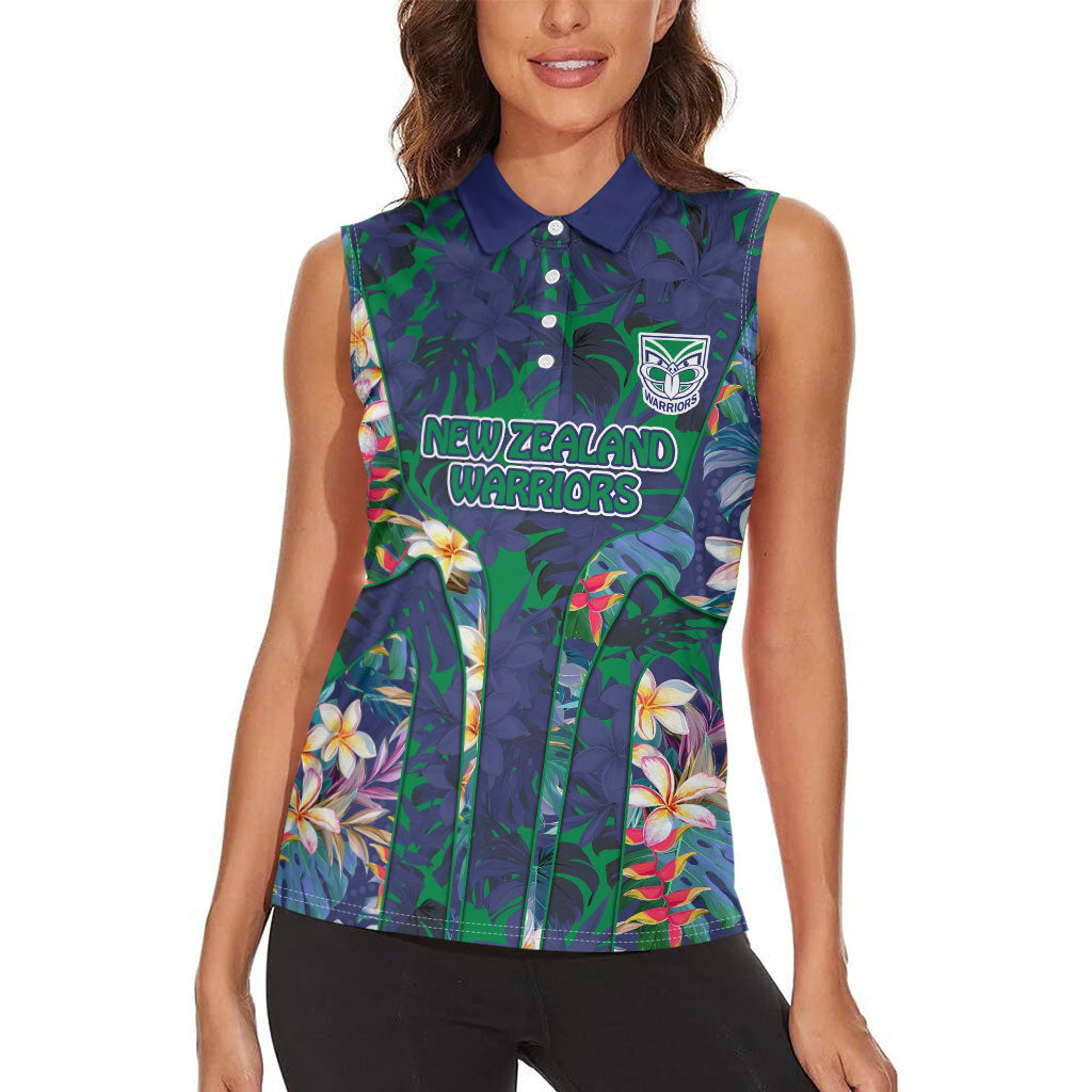 New Zealand Warriors Women Sleeveless Polo Shirt Tropical Polynesian Floral Pattern With Green And Blue Accents