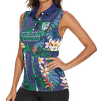 New Zealand Warriors Women Sleeveless Polo Shirt Tropical Polynesian Floral Pattern With Green And Blue Accents