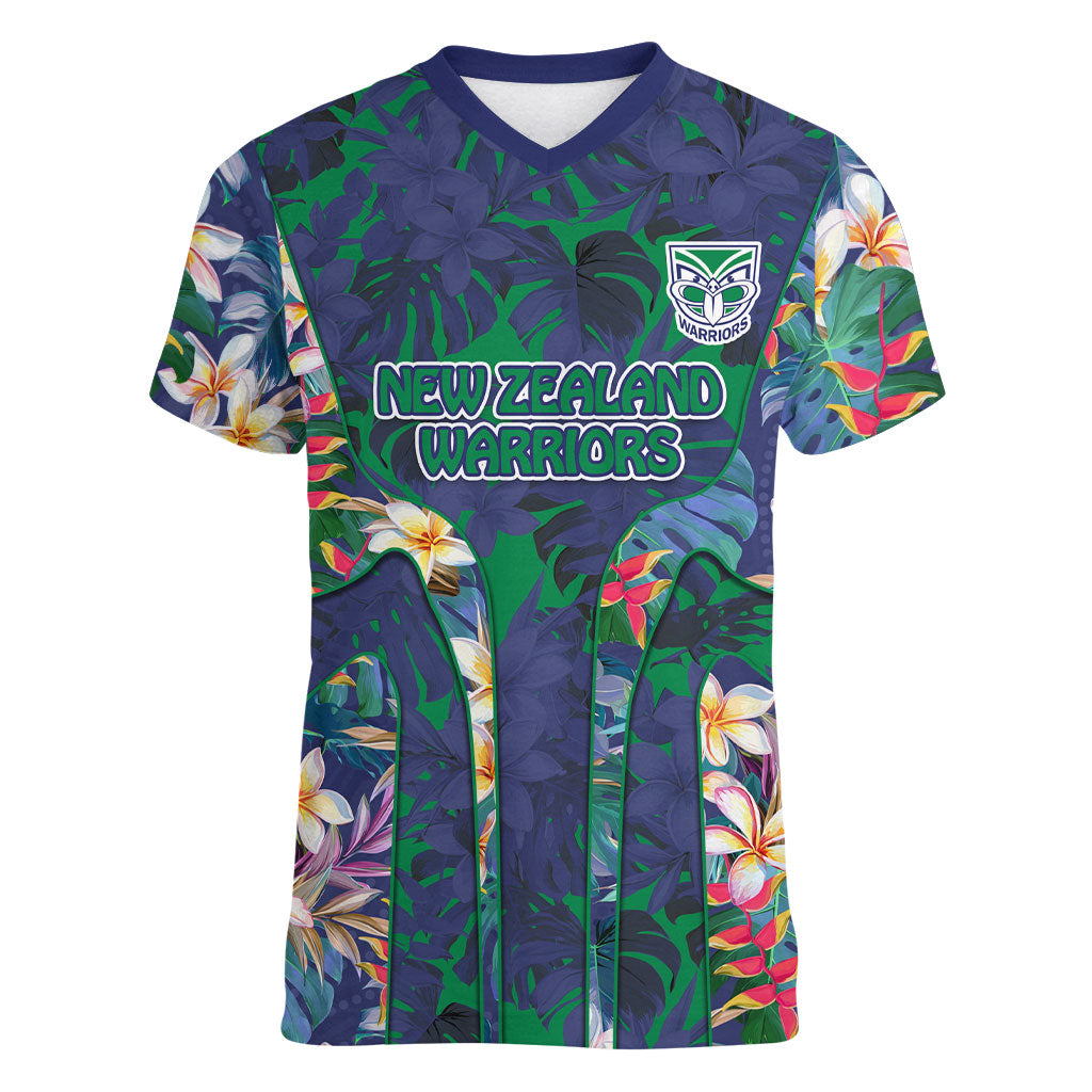 New Zealand Warriors Women V-Neck T-Shirt Tropical Polynesian Floral Pattern With Green And Blue Accents