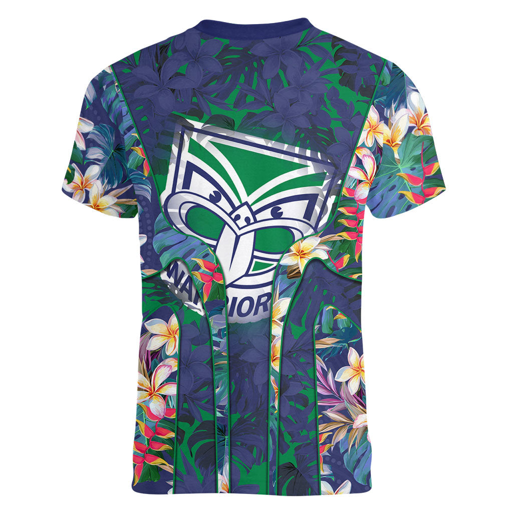 New Zealand Warriors Women V-Neck T-Shirt Tropical Polynesian Floral Pattern With Green And Blue Accents