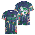 New Zealand Warriors Women V-Neck T-Shirt Tropical Polynesian Floral Pattern With Green And Blue Accents