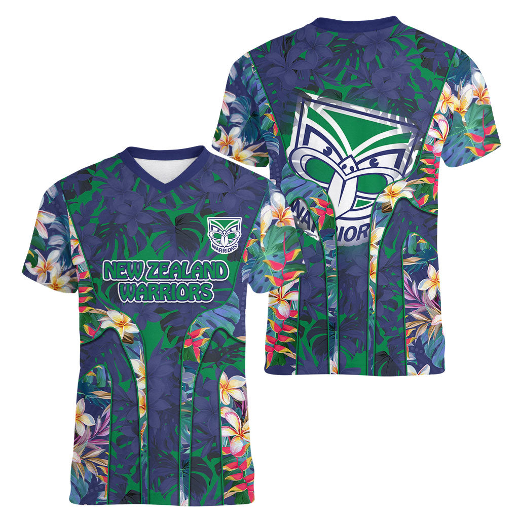 New Zealand Warriors Women V-Neck T-Shirt Tropical Polynesian Floral Pattern With Green And Blue Accents