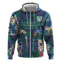 New Zealand Warriors Zip Hoodie Tropical Polynesian Floral Pattern With Green And Blue Accents