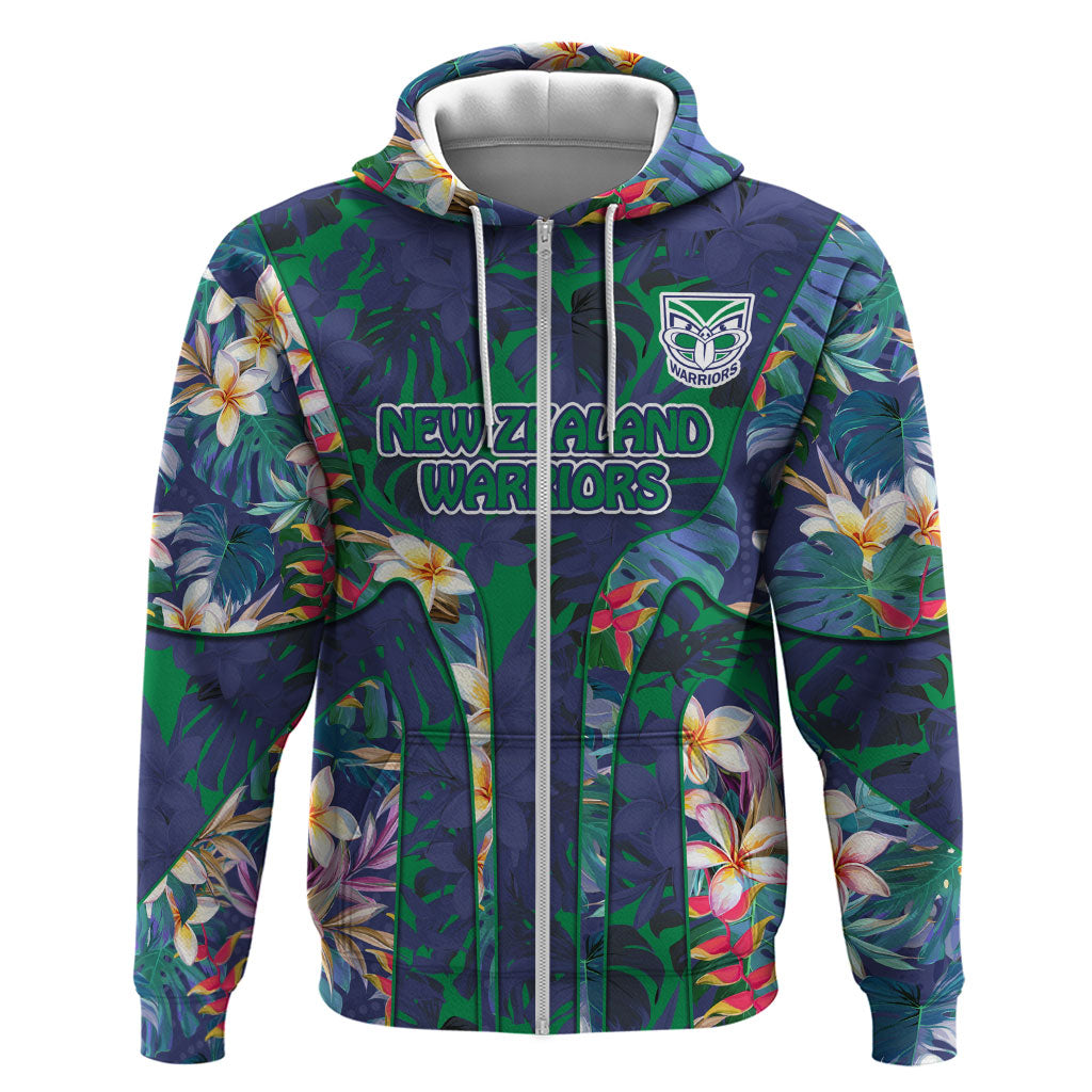 New Zealand Warriors Zip Hoodie Tropical Polynesian Floral Pattern With Green And Blue Accents
