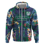 New Zealand Warriors Zip Hoodie Tropical Polynesian Floral Pattern With Green And Blue Accents