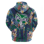 New Zealand Warriors Zip Hoodie Tropical Polynesian Floral Pattern With Green And Blue Accents