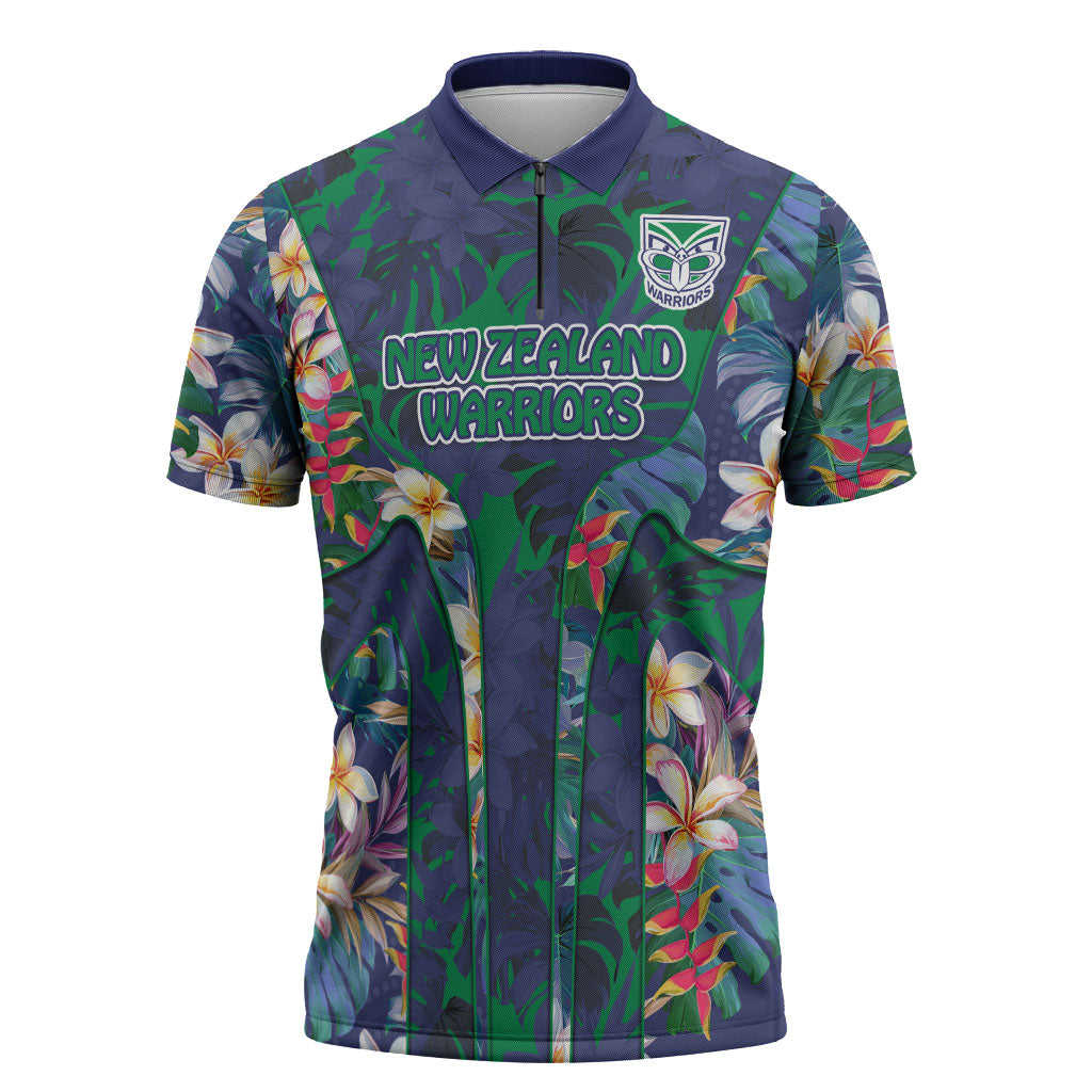 New Zealand Warriors Zipper Polo Shirt Tropical Polynesian Floral Pattern With Green And Blue Accents