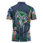 New Zealand Warriors Zipper Polo Shirt Tropical Polynesian Floral Pattern With Green And Blue Accents
