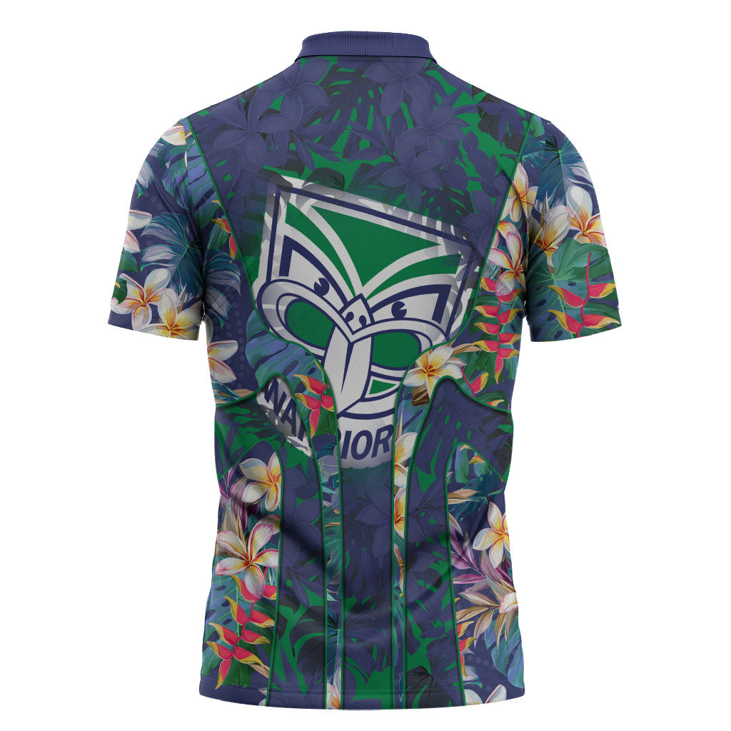 New Zealand Warriors Zipper Polo Shirt Tropical Polynesian Floral Pattern With Green And Blue Accents