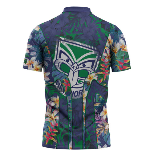 New Zealand Warriors Zipper Polo Shirt Tropical Polynesian Floral Pattern With Green And Blue Accents