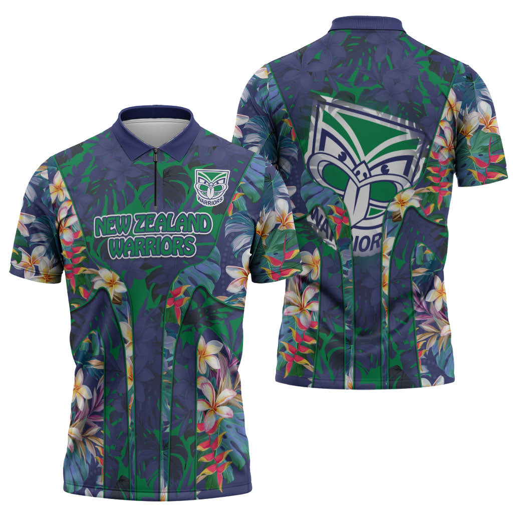 New Zealand Warriors Zipper Polo Shirt Tropical Polynesian Floral Pattern With Green And Blue Accents