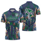 New Zealand Warriors Zipper Polo Shirt Tropical Polynesian Floral Pattern With Green And Blue Accents