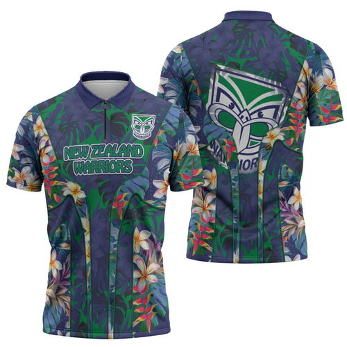 New Zealand Warriors Zipper Polo Shirt Tropical Polynesian Floral Pattern With Green And Blue Accents